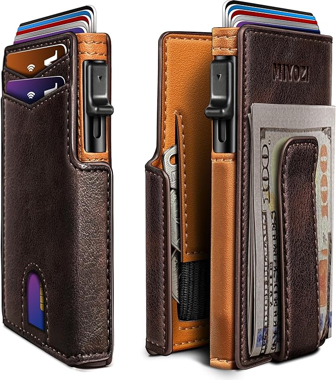 miyozi Wallet for Men, Magnetic Minimalist Slim Wallet with Pop Up Card Holder, 9 Cards RFID Blocking Metal Credit Card Case, Leather Wrapped Money Clip, ID Window & Small Item Slot, Gift Boxed