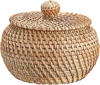 Hipiwe Round Rattan Basket Boxes With Lid Hand-Woven Wicker Storage Baskets Bin Decorative Basket Box Multi-Purpose Picnic Food Bread Basket Small Keys Basket Bowl for Entryway (X-Small,4.7"x3.3")
