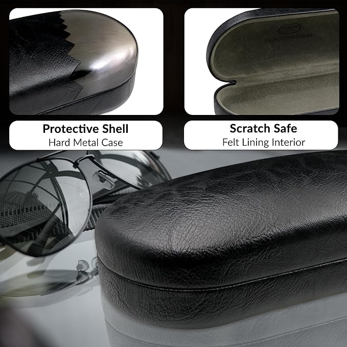 MyEyeglassCase - Large Sunglasses Case - Hard Glasses Case Holder w/Pouch & Cloth - Eyeglass Case Aviator Frames Men & Women