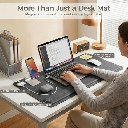 Magnetic Desk Mat System with Wrist Support 80×40cm, Premium Leather Desk Pad with Magnetic Accessories, Waterproof Non-Slip Desk Organizer for Office & Gaming