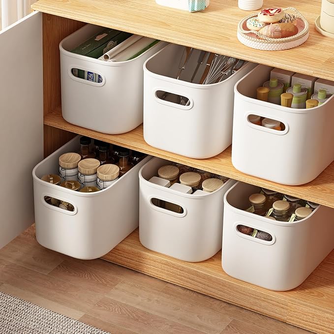 ORGIDOL 8 Pack White Storage Bins with Lids Stackable Storage Container for Organizing, Storage Boxes with Handle for Shelves, Cute Storage Bin for Craft, Snacks, 9.85x6.9x5.7 inch