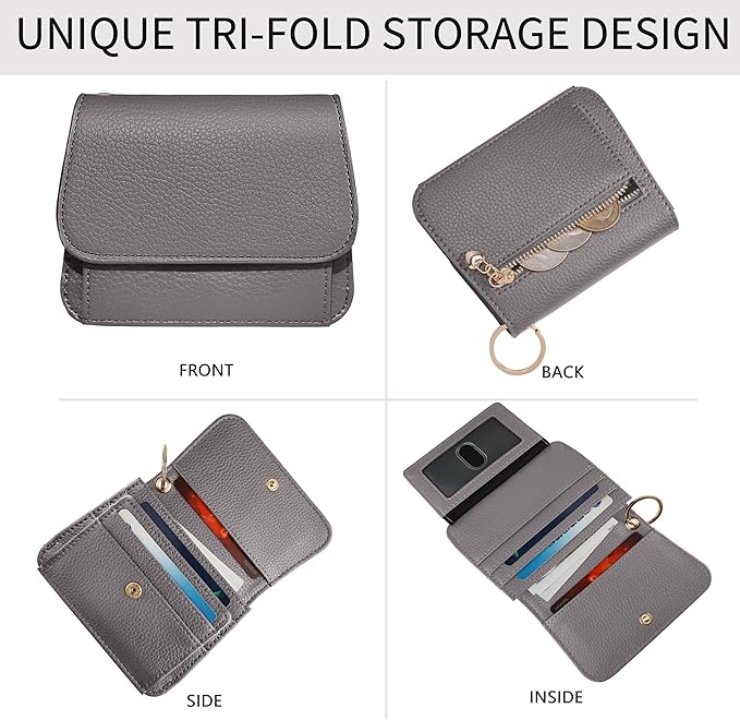 Women Small Wallet RFID Blocking Slim Wallet with Coin Pocket Tri-Fold Credit Card Holder with ID Window and Keychain (Grey)