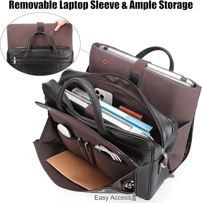 Masa Kawa Leather Briefcase for Men 15.6", 17" Laptop Computer Case Business Travel Work Messenger Cross Body Shoulder Bag