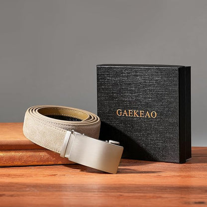 GAEKEAO Men's Belt Suede Leather Ratchet Belt for Men Micro-Adjustable Buckle for Dress, Casual & Everyday Wear, Trim to Fit