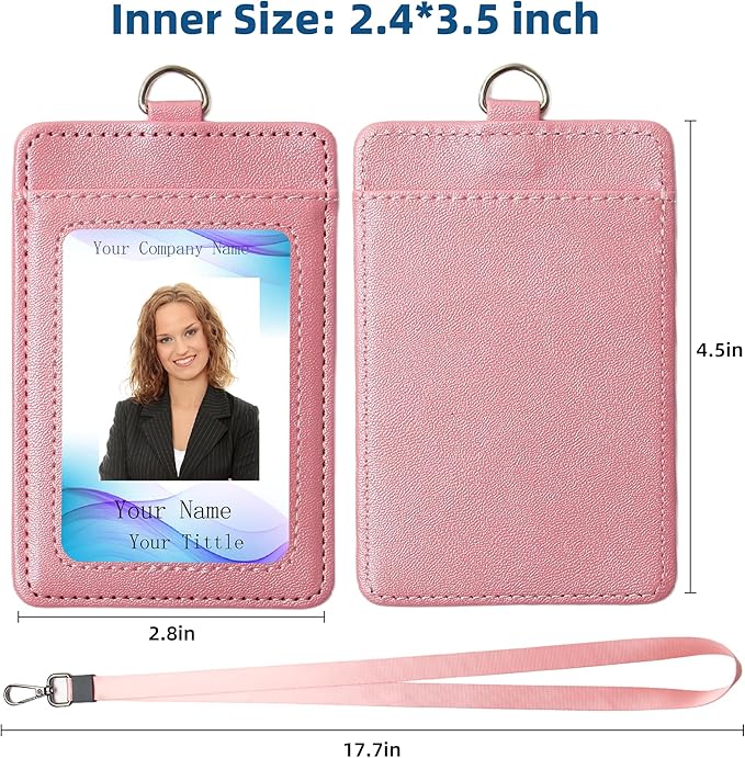 Leather Badge Holder with Adjustable Lanyards,Swivel Metal Clasp for Offices, Staff, Students, Employees (Pink)