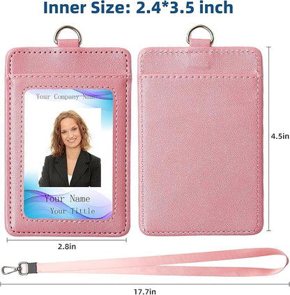 Leather Badge Holder with Adjustable Lanyards,Swivel Metal Clasp for Offices, Staff, Students, Employees (Pink)