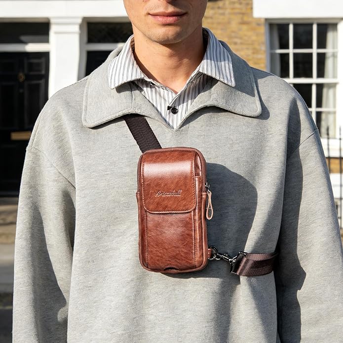 Small Crossbody Bag for Men Women - Genuine Leather Mini Sling Bag with Charging Port