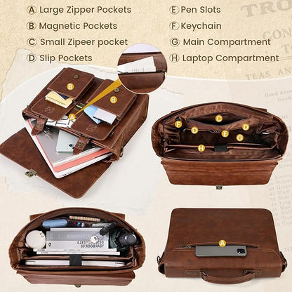 RAINSMORE Mens Messenger Bag 15.6 Inch Leather Vintage Laptop Briefcase Waterproof Computer Laptop Bag Leather Satchel Bag Large Shoulder Bag for Office Work Travel College, Brown