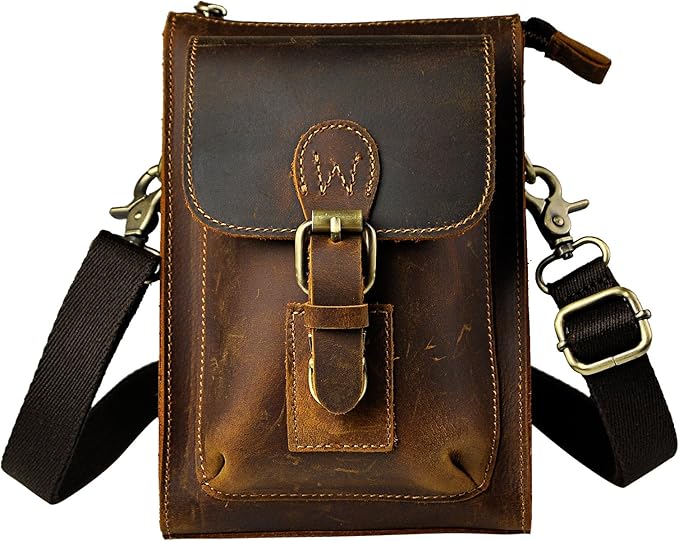 Le'aokuu Mens Genuine Leather Small Messenger Shoulder Satchel Phone Pouch Belt Waist Bag Pack