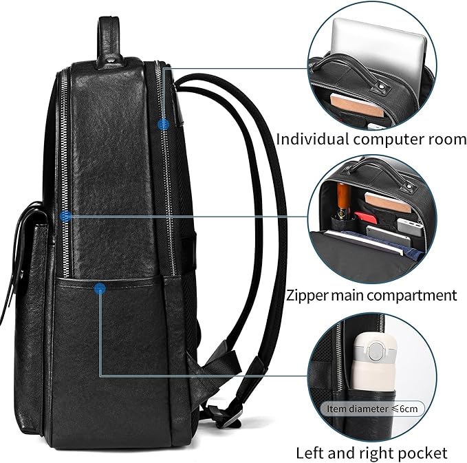 Colins Keirs Men's Black Leather Backpack for Work Travel, Durable Genuine Leather Laptop Backpack with 15.6-inch Computer Compartment, Stylish Professional Designer