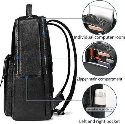 Colins Keirs Men's Black Leather Backpack for Work Travel, Durable Genuine Leather Laptop Backpack with 15.6-inch Computer Compartment, Stylish Professional Designer