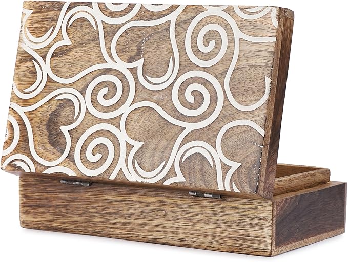 Ajuny Wooden Handmade Decorative Jewelry Storage Box White and Brown Heart Design Multipurpose Treasure Chest Keepsake Organizer Necklaces Watch Boxes Great for Gifts 8x5 Inch