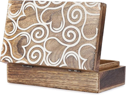Ajuny Wooden Handmade Decorative Jewelry Storage Box White and Brown Heart Design Multipurpose Treasure Chest Keepsake Organizer Necklaces Watch Boxes Great for Gifts 8x5 Inch