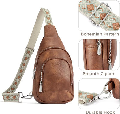 BOSTANTEN Sling Bag for Women Leather Crossbody Bag Vintage Cross Body Purse for Travel with Guitar Strap, Bohemian Style
