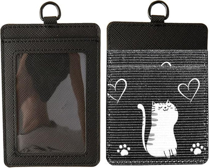 Leather Badge Holder, Vertical ID Card Holder with Clear Window, 2 Elastic Card Slots & Detachable Lanyard for Offices, Schools (Black-D)