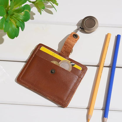 Wonderpool Leather Horizontal Badge Holder with Detachable Neck Lanyard and Retractable Badge Reel Clip, Card Slots Case ID Card Holder for ID Badges Card and Driver Licence (Brown)