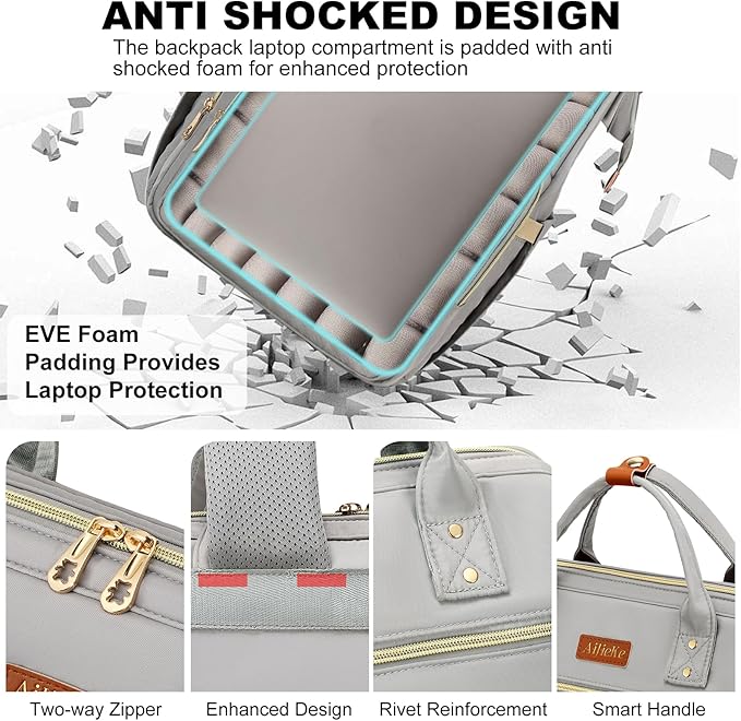 Lunch Backpack, 15.6 inch Laptop Backpack with Insulated Lunch Bag, Backpack Cooler for Women, Large Travel Backpack Lunch Box Compartment, Work Computer Backpack, Teacher College Book Bag, Grey