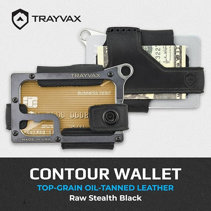 Trayvax Contour Wallet, RFID Front Pocket Money and Credit Card Holder, Minimalist Slim Leather Metal Wallet for Men and Women, Raw Stealth Black