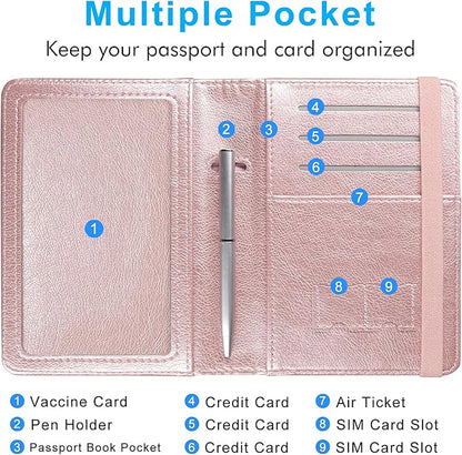 ACdream Passport and Vaccine Card Holder Combo, Cover Case with CDC Vaccination Card Slot, Leather Travel Documents Organizer Protector, with RFID Blocking, for Women and Men, AA-Rose Gold, Compact