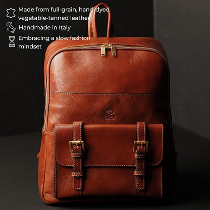 Time Resistance Leather Backpack for Men and Women - Laptop Bag up to 15” - Cognac Brown Business Rucksack