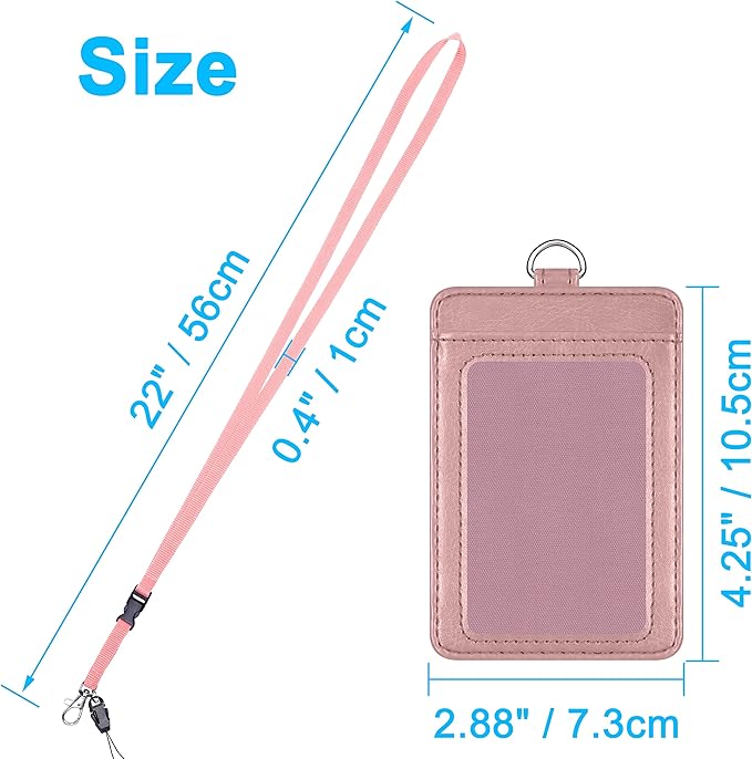 Badge Holder, Wisdompro 2-Sided PU Leather ID Badge Card Holder Wallet Case with 1 Clear ID Window and 1 Credit Card Slot and 22 Inch Quick Rlease Detachable Neck Lanyard Strap-Rose Gold (Vertical)