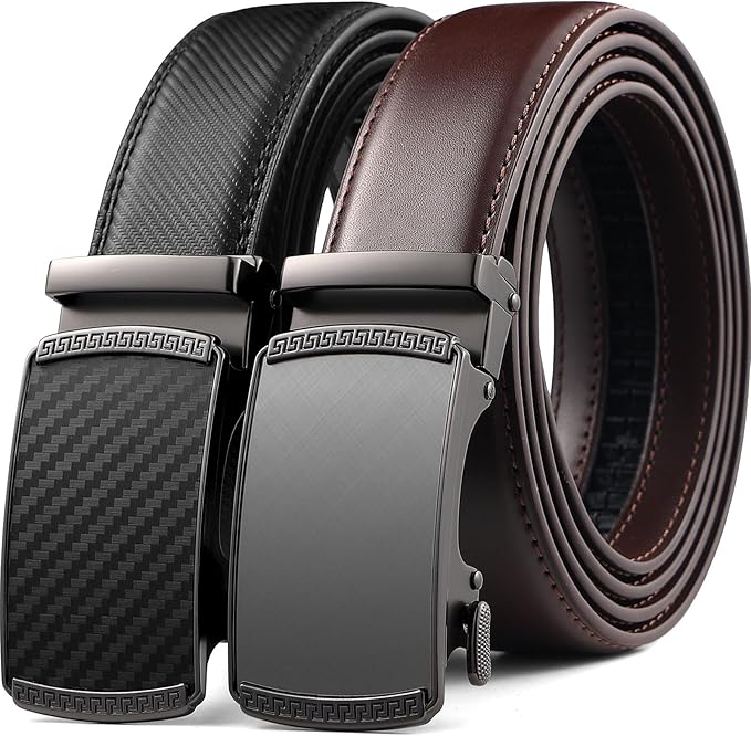 Founders & C Mens Belt 2 Pack,Leather Ratchet Click Belt Dress with Slide Buckle 1 3/8" in Gift Set Box- Size Adjustable