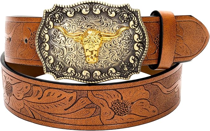Western Cowboy-Belts for Men Big-Buckle Longhorn-Bull PU-Leather Rodeo Cowgirl-Belt Engraved Floral - Waist 25-38"