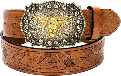 Western Cowboy-Belts for Men Big-Buckle Longhorn-Bull PU-Leather Rodeo Cowgirl-Belt Engraved Floral - Waist 25-38"
