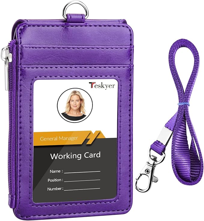 Teskyer Badge Holder with Side Zip Pocket, Multiple Card Slots Leather ID Holder Wallet with Neck Lanyard for Office Staffs, Teachers/Students, Couriers, Workers, Purple