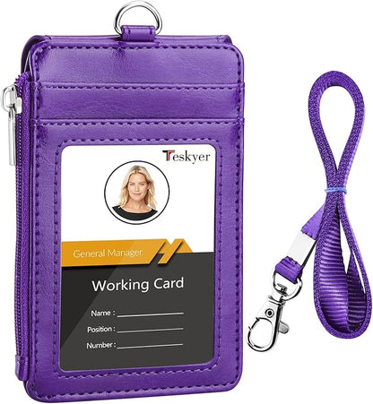 Teskyer Badge Holder with Side Zip Pocket, Multiple Card Slots Leather ID Holder Wallet with Neck Lanyard for Office Staffs, Teachers/Students, Couriers, Workers, Purple