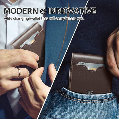GSOIAX Men's Slim RFID Blocking Leather Wallet with Money Clip | Minimalist Carbon Fiber Bifold Credit Card Holder | 11 Card Slots | Gift Box Included(Leather Coffee)