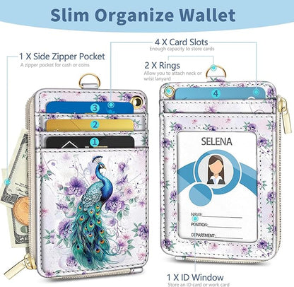 Lanyard Wallet with Id Badge Holder, Peacock RFID Small Keychain Wallet Women Wristlet, Cute Zipper Credit Card Holder Phone Wrist Neck Strap for Key Name Tag, Teacher Student Office Gifts