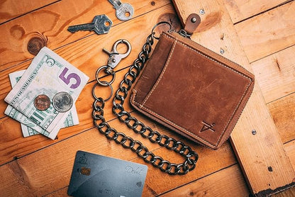 RFID Safe Leather Bi-fold Chain Wallet for Men Zip around Purse for Women Biker's Trucker YKK Metal Zipper Closure Filp up window ID (Vintage Brown with Chain)