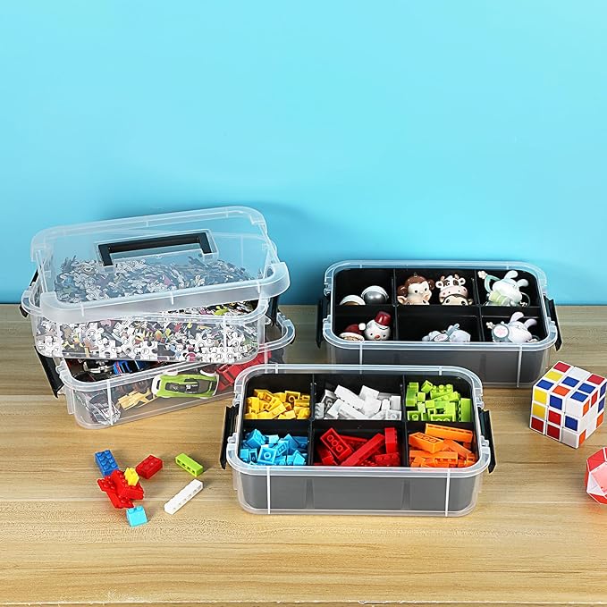 JUXYES 4-Tiers Stack Carry Storage Box With 2 Divided Tray, Transparent Stackable Storage Bin With Handle Lid Latching Storage Container for School & Office Supplies, Black