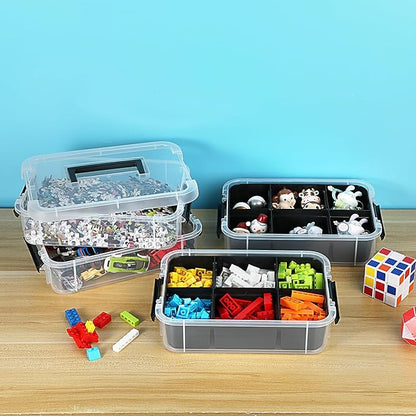 JUXYES 4-Tiers Stack Carry Storage Box With 2 Divided Tray, Transparent Stackable Storage Bin With Handle Lid Latching Storage Container for School & Office Supplies, Black