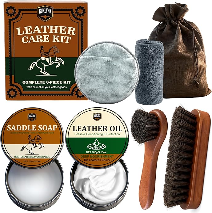 Leather Care Kit - Leather Polish, Cleaning & Conditioning Kit with 100g Saddle Soap & 100g Leather Oil, 2 Horsehair Brushes, Cloth, Sponge - Leather Boot Care Kit Gift for Men & Women
