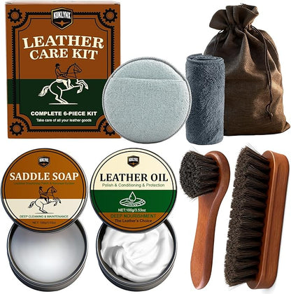 Leather Care Kit - Leather Polish, Cleaning & Conditioning Kit with 100g Saddle Soap & 100g Leather Oil, 2 Horsehair Brushes, Cloth, Sponge - Leather Boot Care Kit Gift for Men & Women