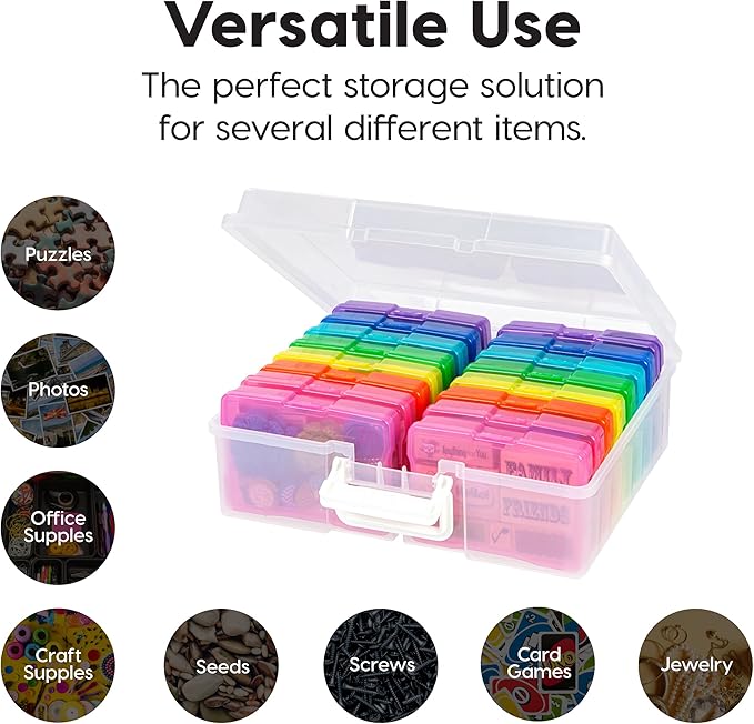 IRIS USA 4" x 6" |Made in USA| Photo Organizers and Picture Storage Box with Handle, 16 Inner Cases/Containers for Tasks, Stickers, Ephemera, & Flashcards - Clear/Multi-Color
