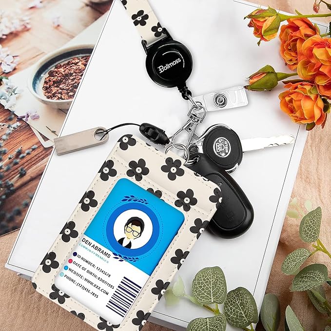bolimoss Cute Flowers Badge Holders, Leather ID Name Badge Card Holder with Swivel Metal CLAS