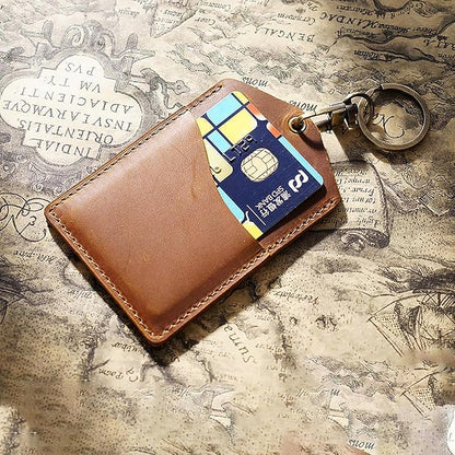 Badge Holder Vertical Handmade Leather ID Card Badge Holder Keychain with Heavy Duty Carabiner Clip for Men Women (Brown)