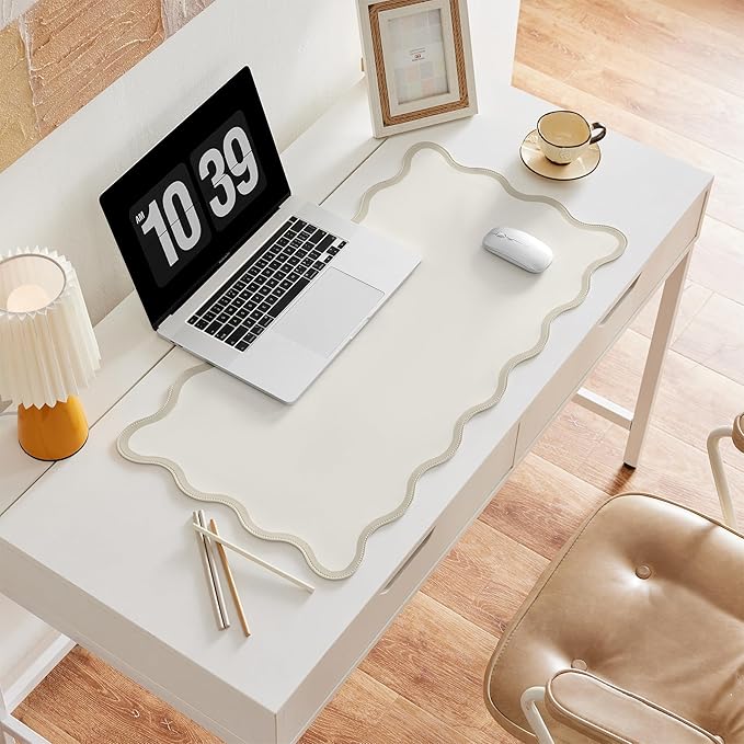 Ralxion Scalloped Desk Mat, 31.5" x 15.7", PU Leather, Waterproof Anti-Slip, Cute Aesthetic Desk Pad for Office/Home/Game/Vanity (Beige, Large)