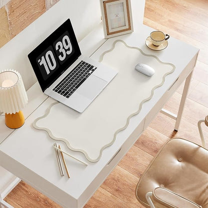 Ralxion Scalloped Desk Mat, 31.5" x 15.7", PU Leather, Waterproof Anti-Slip, Cute Aesthetic Desk Pad for Office/Home/Game/Vanity (Beige, Large)