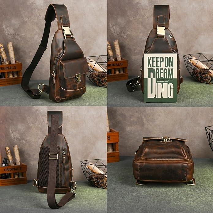 Thick Crazy horse Leather Triangle Crossbody Sling Chest Bag Travel One Shoulder Bag Daypack For Men Male 3028