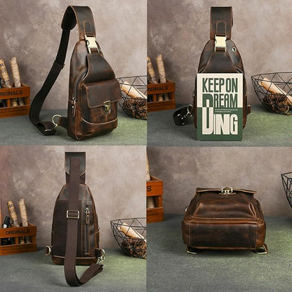 Thick Crazy horse Leather Triangle Crossbody Sling Chest Bag Travel One Shoulder Bag Daypack For Men Male 3028