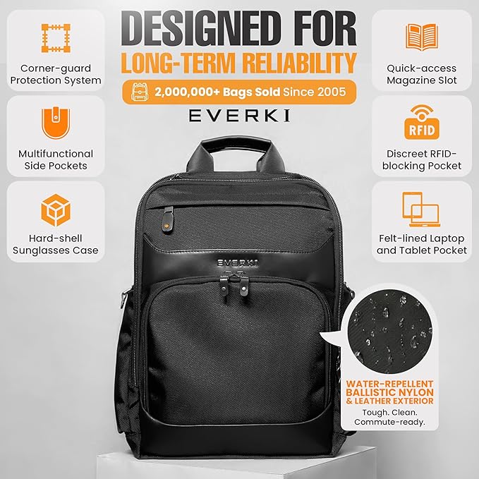 EVERKI Onyx 36L Business Laptop Backpack – Professional Travel Backpack for Men & Women, Laptop Bag with Premium Leather Ballistic & Nylon, Office & Flight Approved, Fits Laptops up to 17.3” - Black