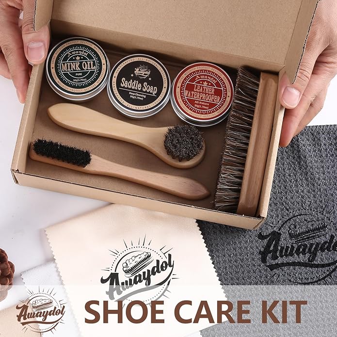 10 PCS Leather Care Kit - Horsehair Brushes,Saddle Soap,Waterproofing Wax,Mink Oil Conditioner,Polishing Cloth,Microfiber cloth,Boot Shoe Shine Cleaning Kit Gift for Men Cowboy Husband Dad ﻿