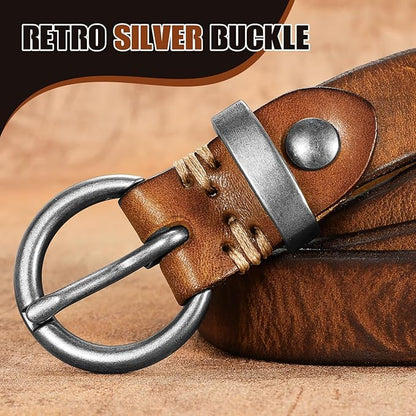 SANSTHS Womens Genuine Leather Belts for Jeans Pants Trendy Vintage Thin Leather Belt Gold Buckle Ladies Skinny Waist Belt