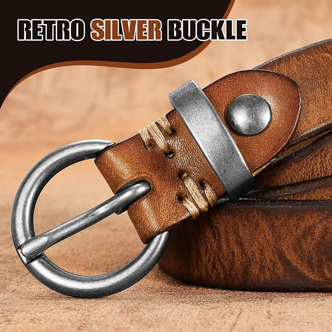 SANSTHS Womens Genuine Leather Belts for Jeans Pants Trendy Vintage Thin Leather Belt Gold Buckle Ladies Skinny Waist Belt