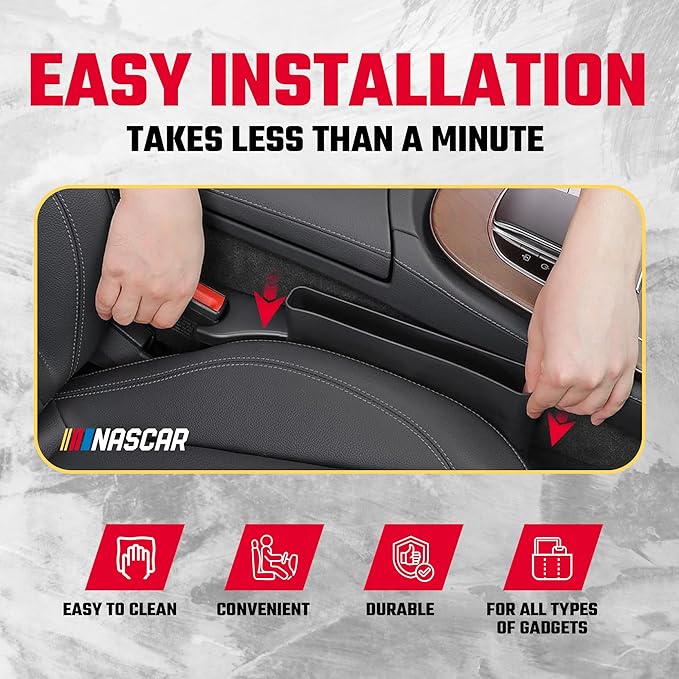 NASCAR Car Seat Gap Filler Organizer (2 Pack)| Universal Fit | Easy Install Car Console Organizer for Essentials, Seat and Console Gap Filler | Car Side Seat Gap Organizer w/Storage Pockets | Black