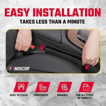 NASCAR Car Seat Gap Filler Organizer (2 Pack)| Universal Fit | Easy Install Car Console Organizer for Essentials, Seat and Console Gap Filler | Car Side Seat Gap Organizer w/Storage Pockets | Black